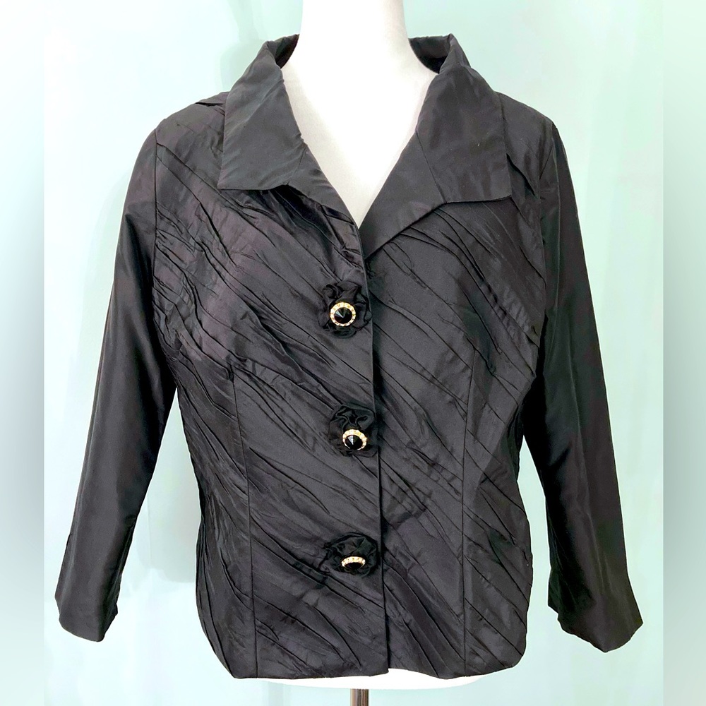 LILI BUTLER 100% Silk Black Fitted Suit Jacket Blazer With Rosette Buttons